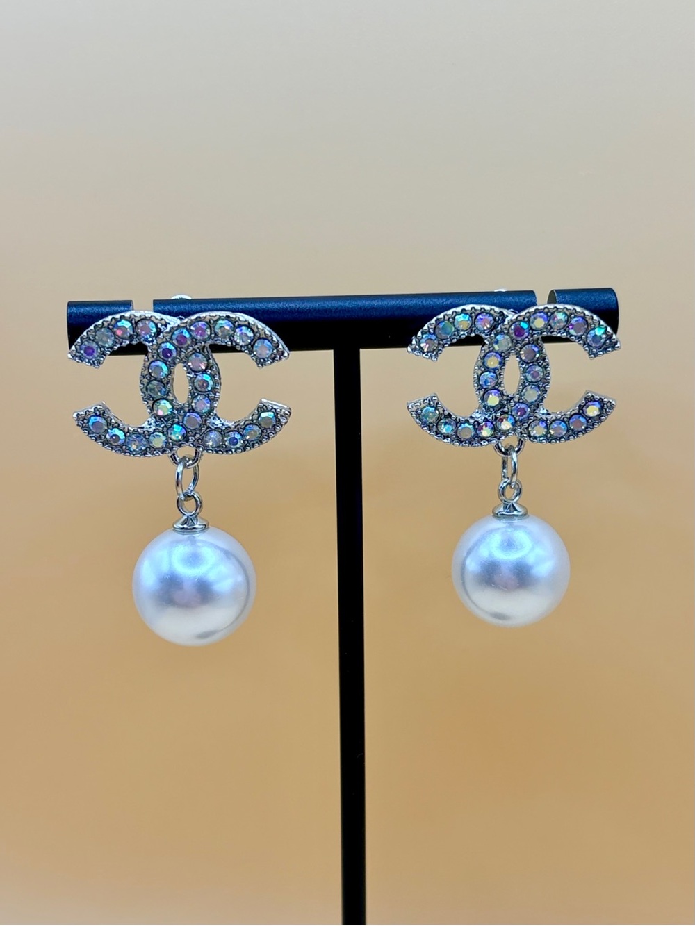 Silver Iridescent Stone Drop Pearl Earrings - Picture 2 of 5